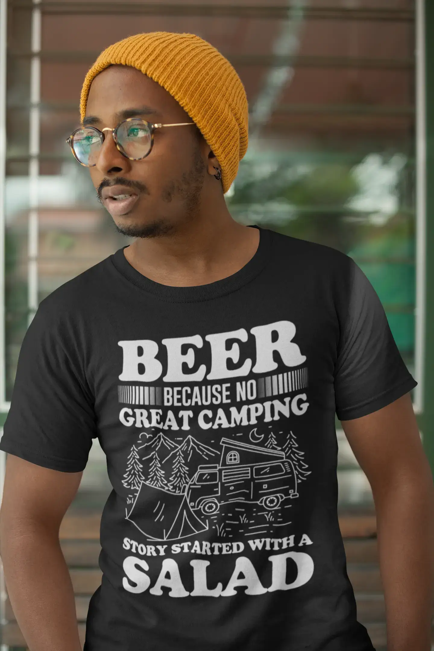 ULTRABASIC Men's T-Shirt Beer Because No Great Camping Story Started With a Salad - Beer Lover Tee Shirt