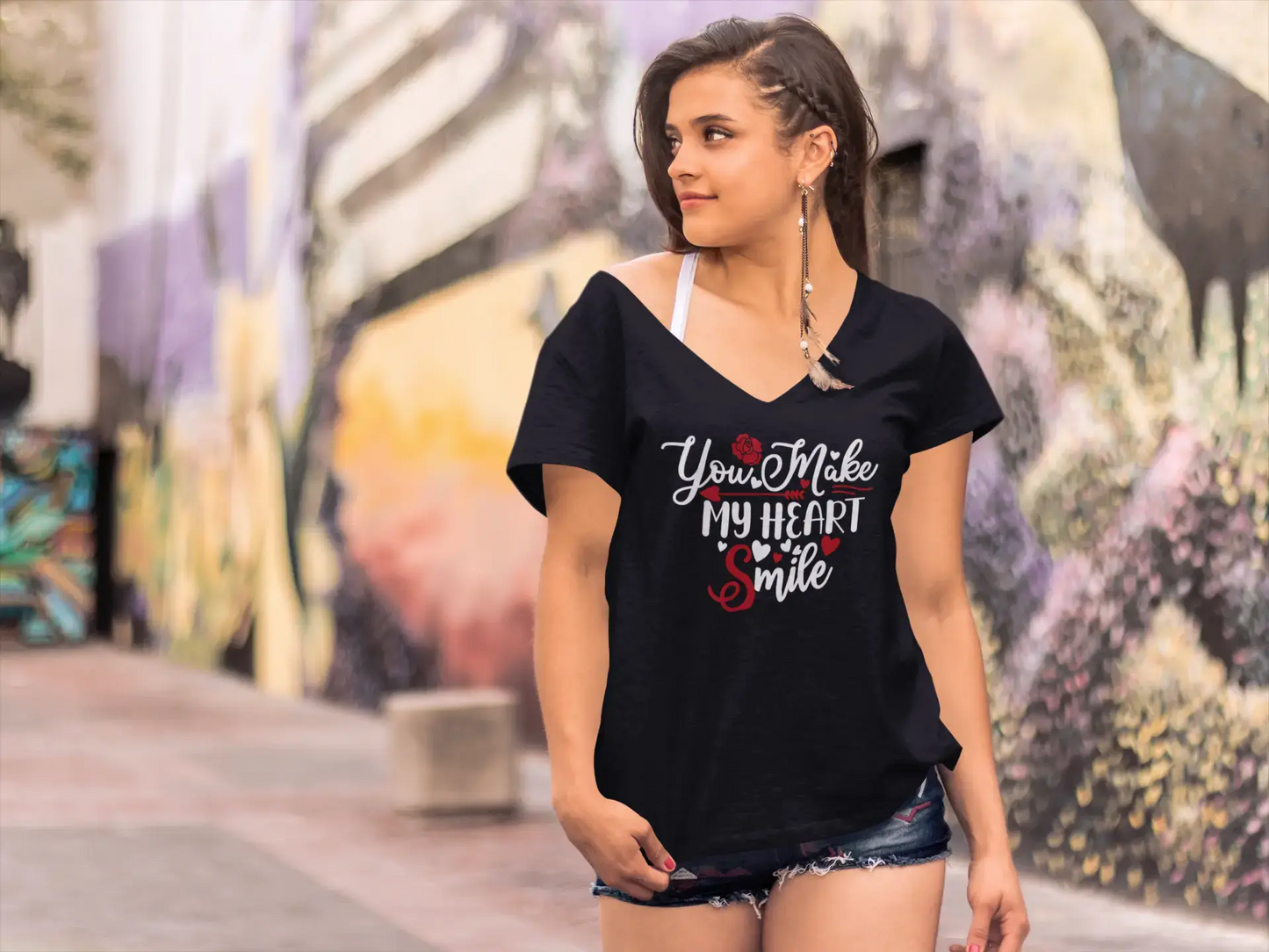 ULTRABASIC Women's V Neck T-Shirt You Make My Heart Smile - Funny Romantic Quote