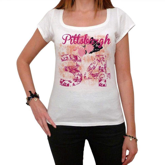 34 Pittsburgh City With Number Womens Short Sleeve Round White T-Shirt 00008 - Casual