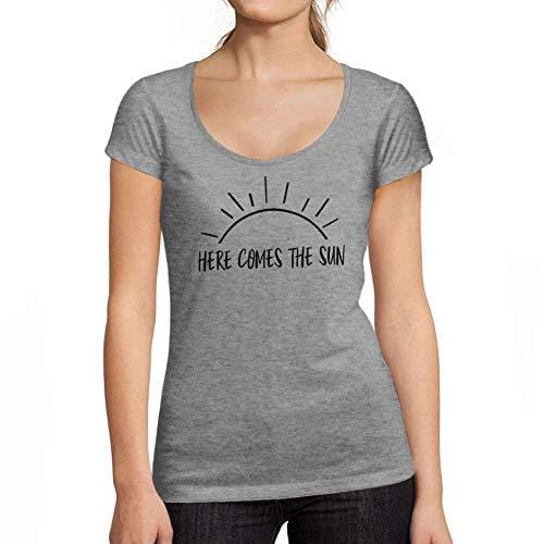 Ultrabasic - Tee-Shirt Femme col Rond Décolleté Here Comes The Sun Gris Chiné