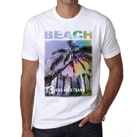 Benidorm Beach Palm White Mens Short Sleeve Round Neck T-Shirt - White / S - Casual
