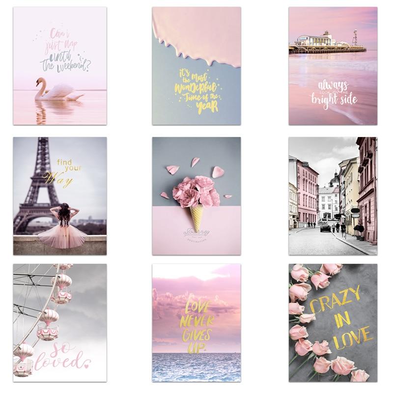 Pink poster and print Nordic Paris landscape wall art ins style petal canvas painting for living room decoration home decor