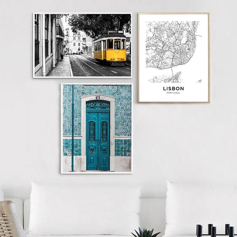 Lisbon Portugal City Map Poster Prints Portuguese Tiles Blue Door Vintage Wall Art Canvas Painting City Photography Home Decor