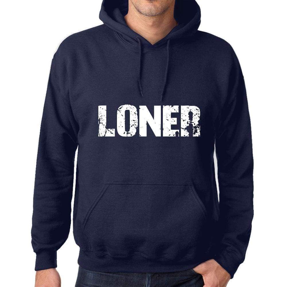 Unisex Printed Graphic Cotton Hoodie Popular Words Loner French Navy - French Navy / Xs / Cotton - Hoodies